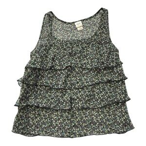 VTG Y2K Babydoll Top Women L Black Purple Floral Tiered Fairy Cottagecore